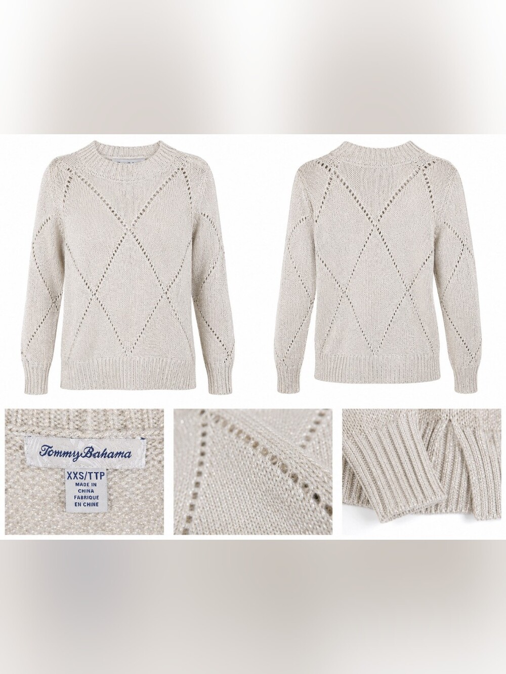 Tommy Bahama Womens XXS Ivory Metallic Knit Sweater Diamond Pattern Pullover.